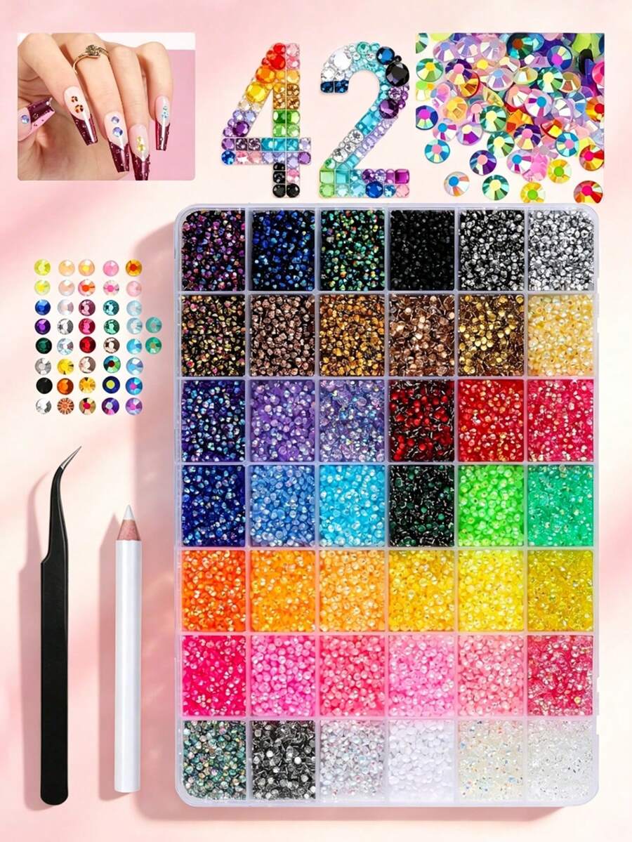 Approx. 33,600pcs 1 Box 42 Colors Rhinestone Nail Art Decoration, 3MM Resin Flat Back Rhinestones, Suitable For Nail Art Accessories, Clothing Hat Accessories, Eyewear Decoration And Other Fabric DIY Decorations