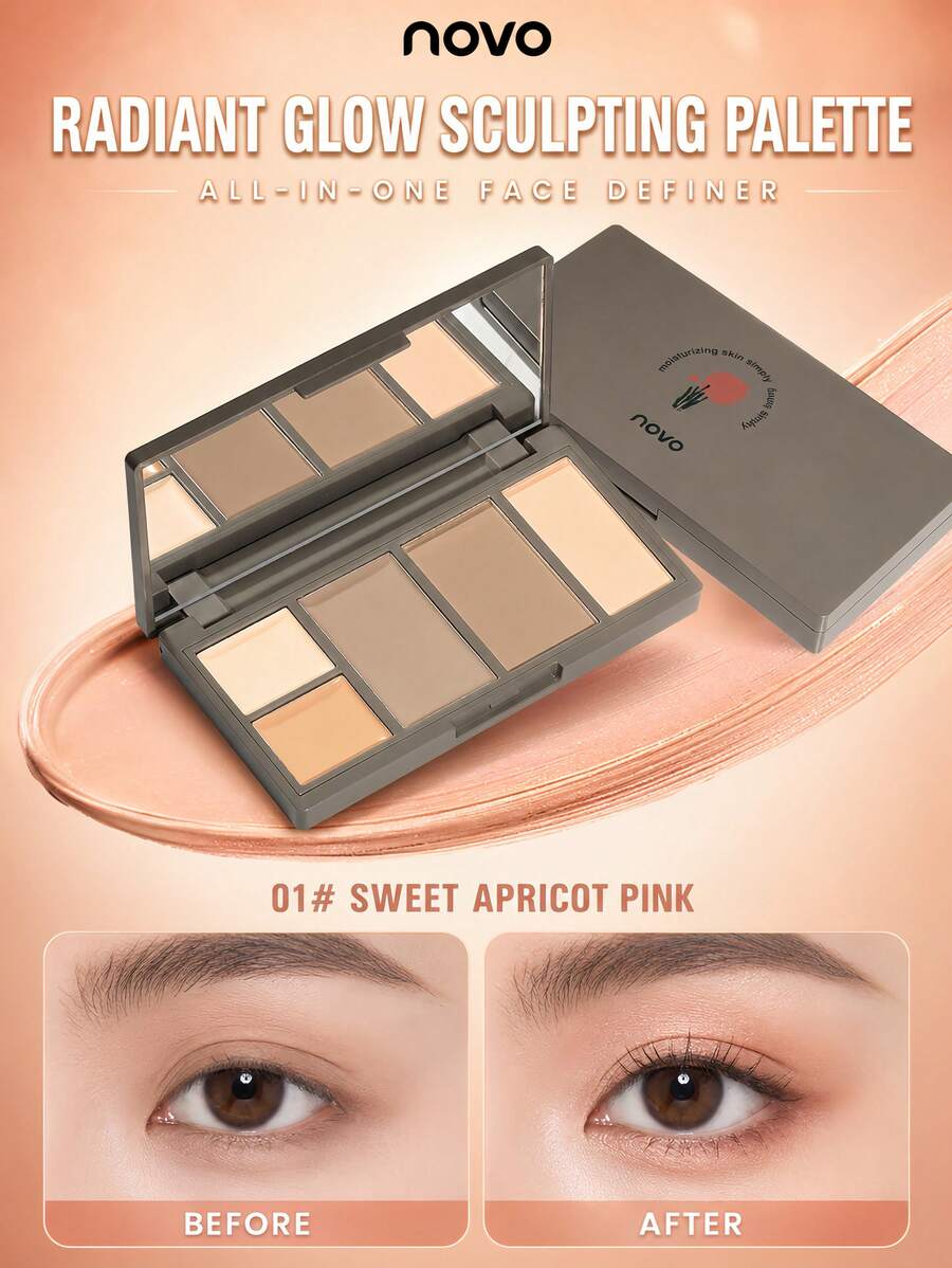 NOVO Palet Makeup Wajah Multifungsi 4 Warna: Concealer, Contour & Highlighter, Menutupi Noda & Kemerahan, Menciptakan Kontur Wajah 3D, Tahan Keringat, Palet Makeup Portabel untuk Perjalanan - 01# Aprikot Manis Merah Muda - View 1