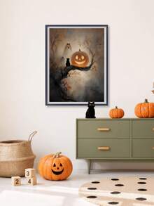 1pc Canvas Wall Art With Frame, Vintage Dark Academia Style Halloween Decor, Glowing Pumpkin Lantern, Black Cat, Cute Ghost, Twisted Autumn Withered Tree, Dark Atmosphere Oil Painting Print Poster, Quirky Country Farmhouse Dark Aesthetic Decorative Hanging Painting, Suitable For Modern Home Decor, Room Decor, Dorm Decor - Pumpkin - View 8