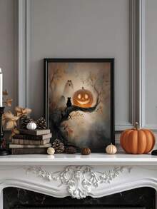 1pc Canvas Wall Art With Frame, Vintage Dark Academia Style Halloween Decor, Glowing Pumpkin Lantern, Black Cat, Cute Ghost, Twisted Autumn Withered Tree, Dark Atmosphere Oil Painting Print Poster, Quirky Country Farmhouse Dark Aesthetic Decorative Hanging Painting, Suitable For Modern Home Decor, Room Decor, Dorm Decor - Pumpkin - View 1