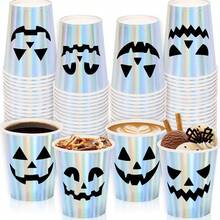 10/40pcs 9oz Halloween Party Cups Holographic Iridescent Pumpkin Ghost Disposable Paper Cups, Halloween Trick Or Treat Party Holiday Tableware - Pumpkin - View 4