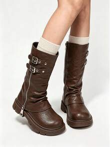 1 Pair Girls' Brown Ruched Stacked High-Top Motorcycle Boots, Double Metal Buckle Side Zipper Thick Sole Boots, Autumn/Winter Sweet Cool Cargo Style Style Tall Boots - Brown - View 1