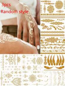3/1pc Gold Temporary Tattoo Stickers, Gold Freckle Metallic Tattoo Stickers For Women Adults, Waterproof Gold Tattoo Stickers With Feather, Flower, Star, Mandala Patterns, Suitable For Beach, Festival, Music Party - Gold - View 9