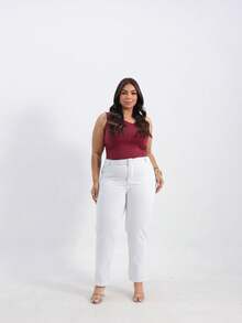 Basic Plus Size High-Waisted Mom Jeans Casual Simple Pocket Zipper Button - أبيض - مشاهدة 10