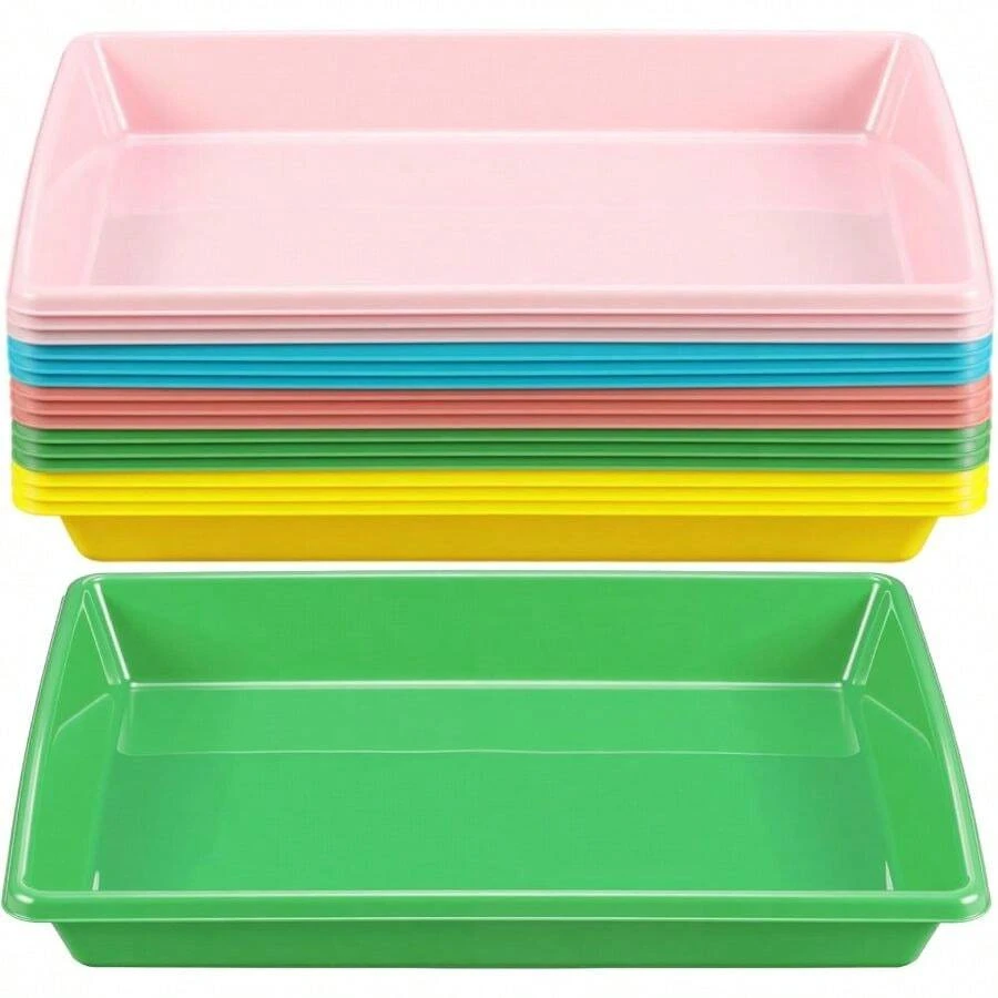 15 Pcs Activity Plastic Art Trays 14.57x 10.63x 1.77 Inch Large Crafts Organizer Serving Storage Tray Kids School Classroom Project Painting Home Organizing Supply (Pastel) - Pastel - View 1