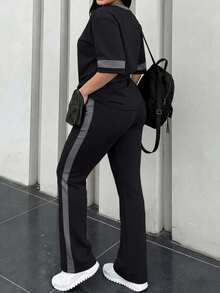 Spring/Autumn Plus Size Women's New Crew Neck Short Sleeve T-Shirt & Casual Elastic Waist Loose Long Pants 2 Pieces Set Elegant Summer - Black+Gray - View 9
