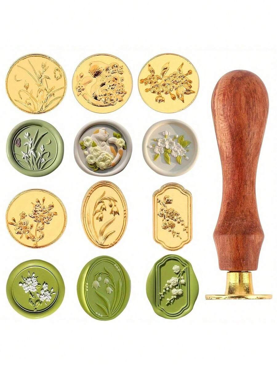 6件組金色合金蠟封印章套組,可替換式木柄,貓咪與山茶花圖案,適用於邀請函、卡片、信封與禮品包裝,印章,花卉圖案 - A - 查看 1