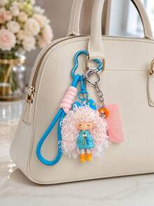 1pc Cute Fluffy Curly Hair Doll Keychain, Heart-Shaped Carabiner With Wrist Strap And Mini Comb Pendant, Cartoon Girl Bag Charm, Suitable For Handbag, Backpack, Car Key Decoration And Birthday Gift - Milk Puff Doll - View 4