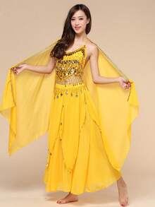 Women Halter Gold Coin Fringe Crop Top & Chiffon Long Skirt, Oriental Belly Dance Carnival Rave Performance Outfit, Multiple Colors Available - Multicolor - View 13