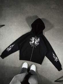 Men's Plus Size Autumn/Winter Creative Star & English Graphic Print Casual Metal Zipper Hooded Sweatshirt - Black - View 1