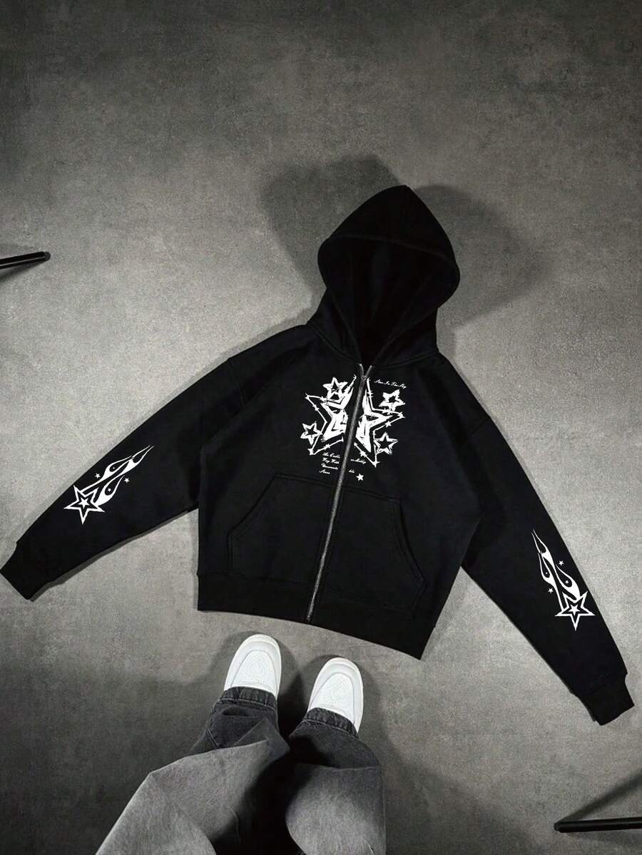 Men's Plus Size Autumn/Winter Creative Star & English Graphic Print Casual Metal Zipper Hooded Sweatshirt - Black - View 1