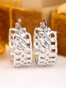 Vanel 1pc Elegant Minimalist Bold Round Tube Woven Design Earrings, Suitable For Street Outings, Casual Dates, Shopping With Friends, Business Casual Meetings - Silver - View 3