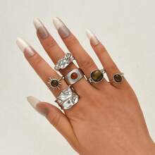 6pcs Natural Stone Open Adjustable Ring Set For Women, Vintage Luxury Niche Design - 6-piece Ring Set - View 2
