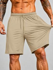 Men's Bermuda Shorts With Zipper, Gym, Sports, Beach, Breathable & Lightweight Polyamide - Beige - View 1