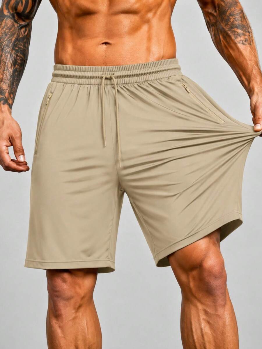Men's Bermuda Shorts With Zipper, Gym, Sports, Beach, Breathable & Lightweight Polyamide - Beige - View 1