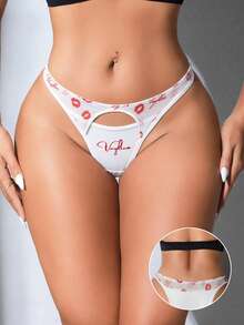Aesletic Women's Romantic Sexy Lip Print Mesh Patchwork Comfortable Knit Fabric Triangle Panties - White - View 4