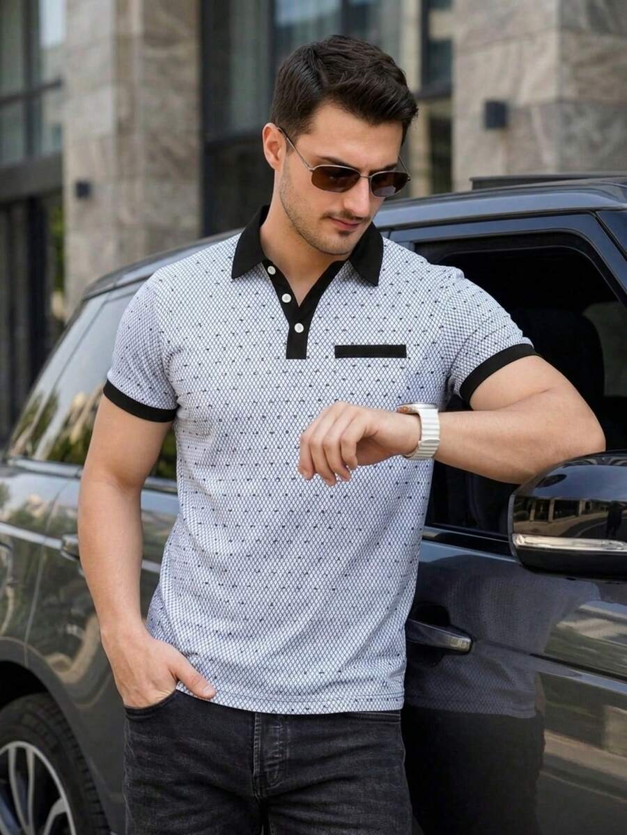 Men's Summer Fashion Versatile Fine Dotted Print Pocket Polo Shirt - Multicolor - View 1