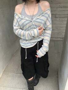 YCYC Korean Style Loose Fit Versatile Color Block Striped Sun Protection Long Sleeve Top For Women, Random Stripe Placement - Blue - View 3