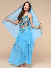 Women Halter Gold Coin Fringe Crop Top & Chiffon Long Skirt, Oriental Belly Dance Carnival Rave Performance Outfit, Multiple Colors Available - Multicolor - View 10