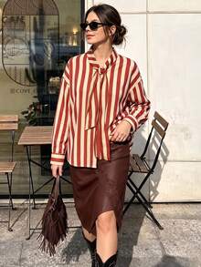 Blouse élégante à blocs de couleurs et rayures avec nœud pour femmes, mode automne pour femmes, blouse de dame de rue haute pour vacances, blouse printemps/été pour femmes rouge - Rouge - Voir 2