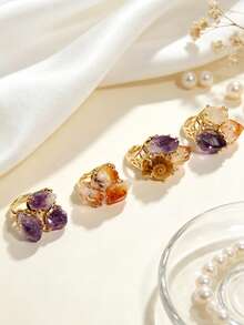 (Natural Stone And Conch Shape Color Random) 1pc Fashion Elegant Natural Stone Amethyst Citrine Conch Women's Gold Copper Material Ring (Suitable For Casual Gift Daily Wear) - Style 1 - View 7