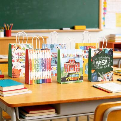 CARRIECUR Back to School kraftpapperspresentpåsar med tryck av skolbuss, klassrum, griffeltavla, penna, basketboll och ryggsäck, vita pappershandtag, godispåsar för första skoldagen, klassrumsbelöning, godis och skolmaterialförpackning