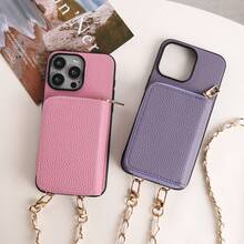 1 buah Dompet/Tempat Kartu Kulit PU Tekstur Leci Warna Solid, Kompatibel dengan Apple 17 16 15 14 Plus 13 12 11 Pro Max, Kompatibel dengan Galaxy S26 S24 Plus A15 A16 A56, Kompatibel dengan Google Pixel 9a 8 Pro - Berwarna merah muda - View 6