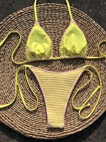 Women's Bright Yellow Triangle Bikini Set With Pink Contrast Trim, Halter Tie Design And Side-Tie Thong Bottom To Flatter Your Figure. - Yellow - View 5