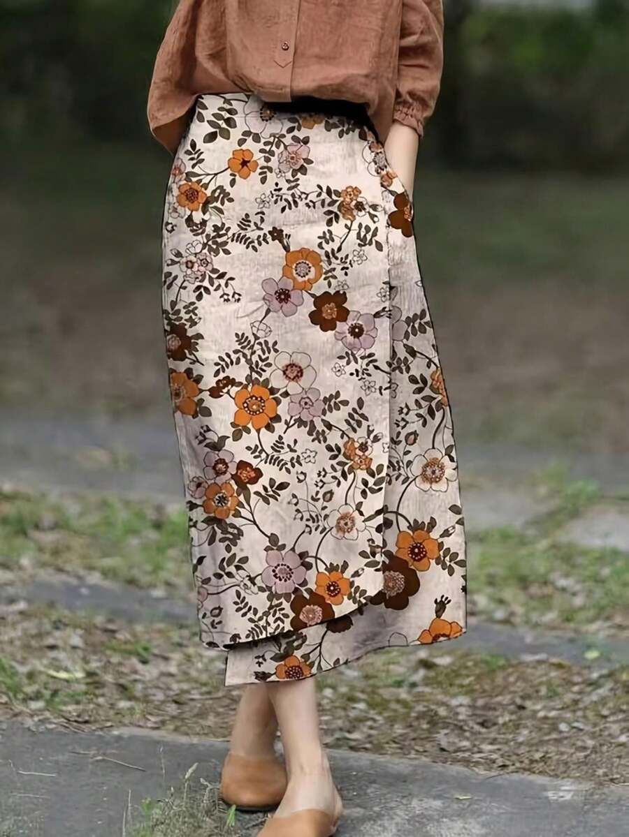Pastoral Mori Style Vintage Floral Print Midi A-Line Skirt With Ruffle Hem, Slimming Literary Design - Multicolor - View 1