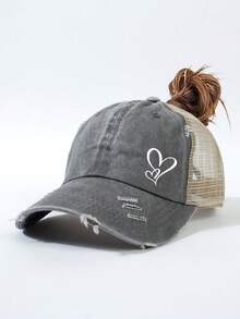 1pc Classic Heart Graphic Ponytail Baseball Cap, Vintage Distressed Mesh Trucker Hat, Breathable Adjustable Women's Dad Hat - Multicolor - View 16