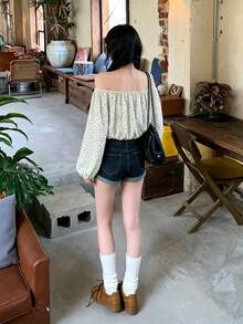 Blus Lengan Panjang Motif Polkadot Tanpa Bahu untuk Wanita, Atasan Serbaguna untuk Liburan - Aprikot - View 9