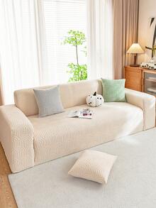 1pc Geometric Line Jacquard Fleece Sofa Cover, Minimalist Elastic One-Piece Sofa Slipcover, Pet-Friendly Anti-Slip Anti-Dirt, Machine Washable, Full Coverage Sofa Protector For All Seasons, Includes 45*45cm Pillowcase - Beige - View 6