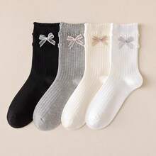 1/4 Pairs Women's Sweet Ballet Style Frill Edge Mid-Calf Socks With Cute Bow, Breathable Ruffled Ribbed Cotton Lolita JK Stackable Crew Socks,4 Season - Multicolor - View 11