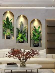 1/3pcs Arched Wall Niche Tropical Plant Wall Decal, Faux Gold Edge Recessed Shelf, Banana Palm Leaf Print, Removable Vinyl Sticker, Living Room Sofa Background Wall Home Decor Gift - A - View 8
