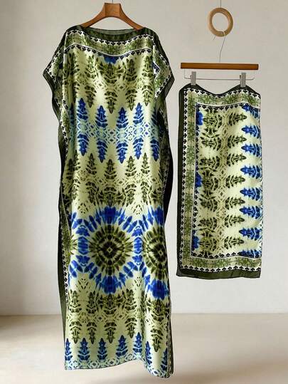 1pc Faux Silk Vintage Geometric Print Long Robe Pullover Shawl With Small Scarf Set, Women's Outerwear Decoration For Beach, Sun Protection, Windproof, UV Protection, Daily Wear