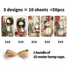 50 Peças Etiquetas de Presente de Papel Vintage de Natal com Desenhos de Desenho Animado e Corda de Cânhamo - Papai Noel, Boneco de Neve & Árvore de Natal, Etiquetas Penduráveis para Presentes, Sacolas de Presente & Lembrancinhas de Festa, Decoração Festiva de Presente - Multicolorido - Visão 8