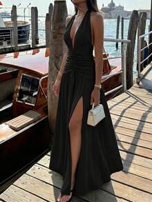 Elegant Women's Black Halter Neck Knit A-Line Maxi Dress, Suitable For Formal Occasions, Sleeveless Slightly Elastic Fabric, Comfortable All Day - Black - View 5