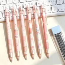 3PCS Sweet Peach Automatic Pencils + 1 Box Of Lead Refills (100pcs) - Random Style - HB Pencils, Retractable Plastic Pencils With Cute Cartoon Design, Fruit Theme, Ideal Student Gift - A - View 10