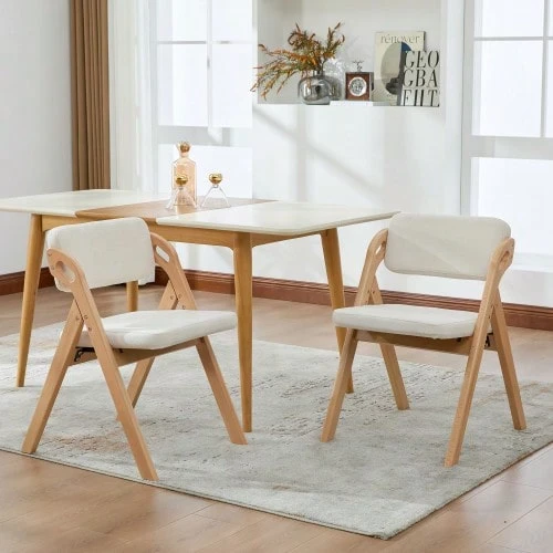 Folding Chairs With Padded Seats Made Of Solid Wood (Beech), Stackable Dining Chairs (2-Set), As Extra Chairs For Kitchen, Office, Wedding, Party, Picnic. Beige - Beige - View 1