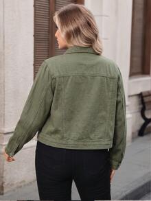 Women's Plus Size Short Denim Jacket, Long Sleeve, Versatile Top For Spring And Autumn Casual - Army Green - View 5