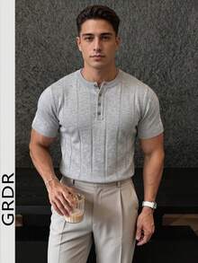 GRDR Men's Henley Collar Minimalist Knit Short Sleeve Top - Light Grey - View 3
