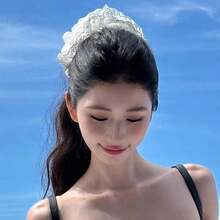 雙層大尺寸蕾絲飾邊鏤空法式浪漫蘿莉塔風女用髮圈髮帶 - 白色 - 查看 3