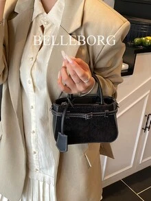 休閒拼色紋理百搭通勤復古帆布肩帶扣環女款小方包手提包 - 黑色 - 查看 3