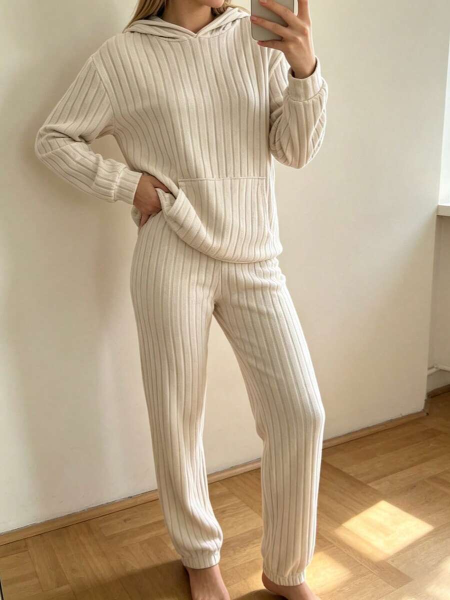 2件組純色長袖羅紋連帽上衣與長褲套裝 女款居家休閒睡衣 - 杏色 - 查看 1