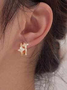 1 Pair/Luxury Style Gold & Silver Dual-Tone Plated Hollow Full-Pave Zirconia Star Half-Hoop Stud Earrings, Women's Daily Commute Date Birthday Valentine's Day Gift Earrings - Multicolor - View 3