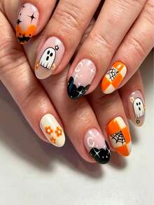 24 piezas de uñas postizas reutilizables estilo francés con diseños de fantasma lindo, murciélago, tablero de ajedrez, telaraña, flor, estrella y onda, forma ovalada, color nude y naranja brillante, para otoño y Halloween, con patrón de pequeño fantasma, murciélago negro, tablero de ajedrez naranja y blanco con telaraña, mini margarita naranja, borde francés negro decorado con letras, arte de uñas de Halloween, accesorios para uñas, adecuadas para fiesta de Halloween, uso diario de otoño, cita casual, fiesta de disfraces y salidas festivas - Multicolor - Ver 8