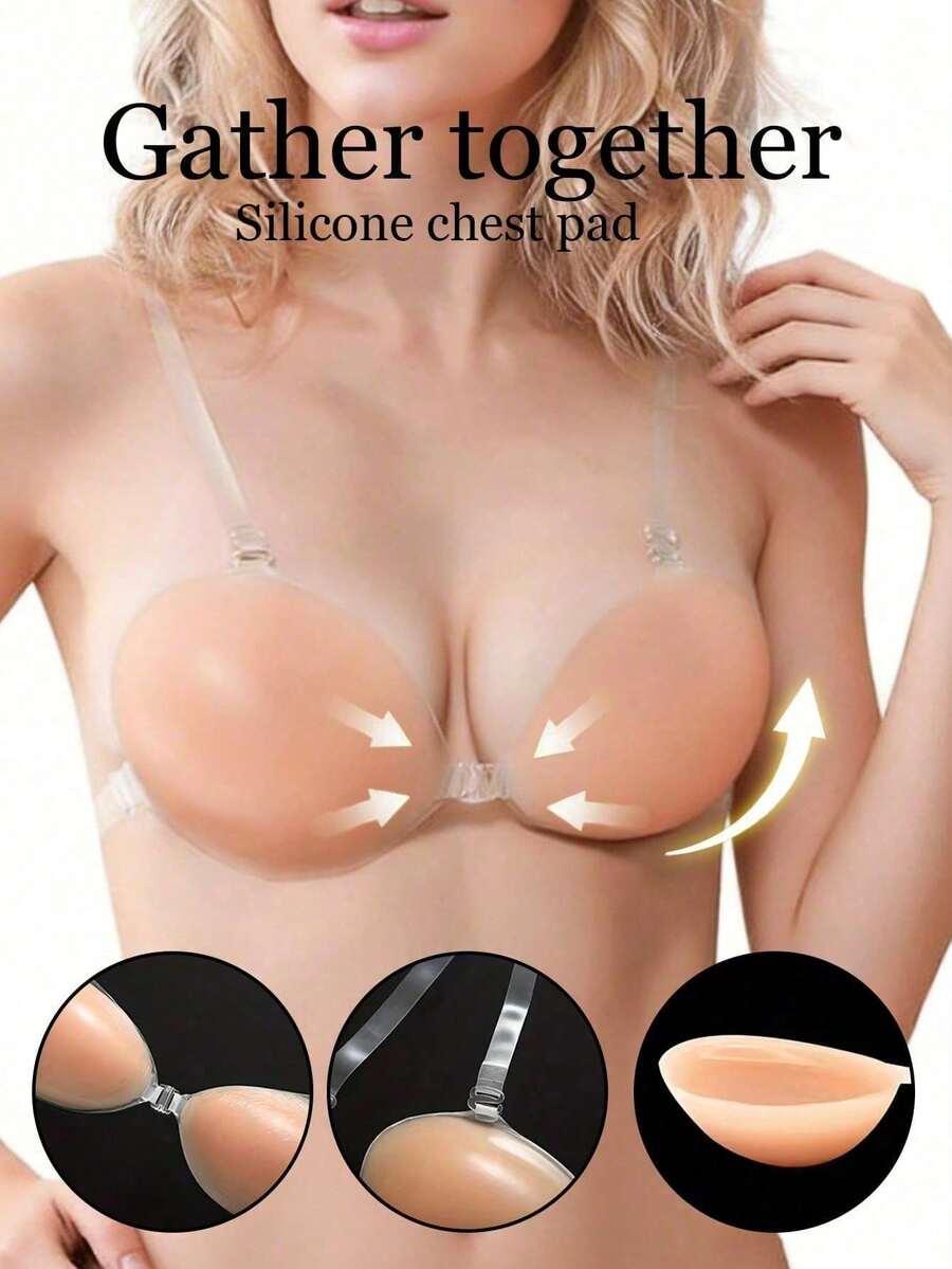 1 Pair Women's Silicone Bra Cups & Shoulder Straps Set, Self-Adhesive Invisible Bra With Breast Support - Beige - View 1