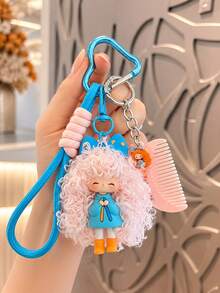 1pc Cute Fluffy Curly Hair Doll Keychain, Heart-Shaped Carabiner With Wrist Strap And Mini Comb Pendant, Cartoon Girl Bag Charm, Suitable For Handbag, Backpack, Car Key Decoration And Birthday Gift - Milk Puff Doll - View 8