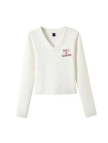 Y2K T-Shirt, Star & Letter Print, Sweet Fitted Shoulder Long Sleeve, Suitable For Autumn Campus Style Casual - White - View 7