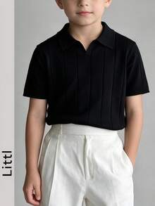 Tween Jungen Lässig Einfarbig Flugzeug Kragen Pullover Geripptes Kurzarm T-Shirt, Frühling/Sommer - Schwarz - Übersicht 8